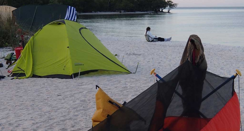 A person sits on a sandy beach near a tent. 